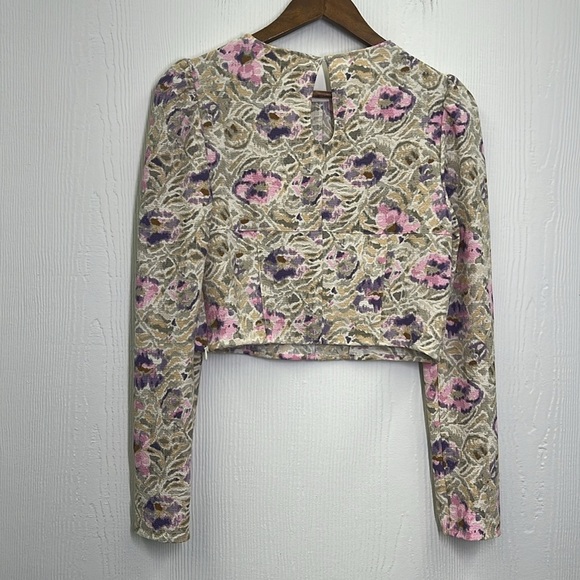 H&M - Purple & Pink Floral Cream Long Sleeve Crew Neck Crop Blouse Size Small - Picture 10 of 11